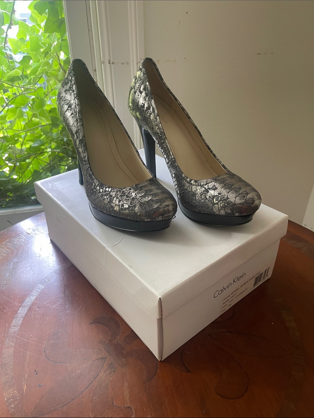 Calvin Klein Metallic Snakeskin Platform Pumps - Silver/Black